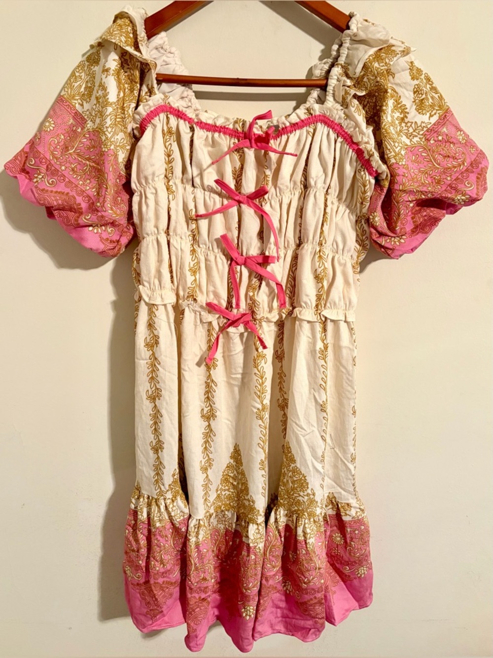 NWT Umgee Cream Dress w Pink & Gold Sz M Bows Cottagecore Boho Milkmaid Romantic